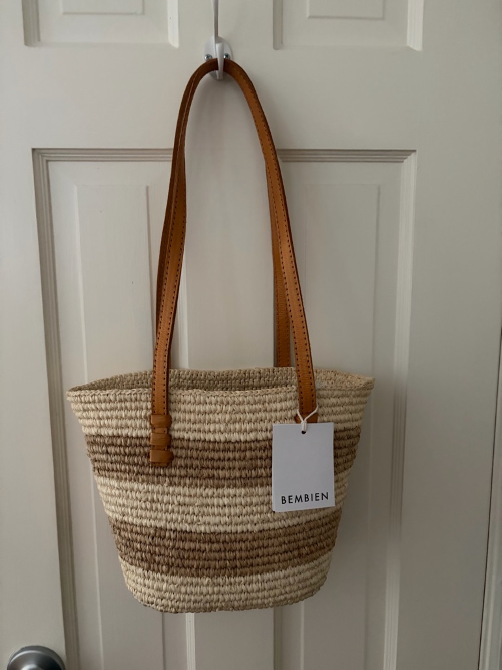 NWT Bembien Mini Biembo Beige & Brown Straw Tote with Tan Leather Straps